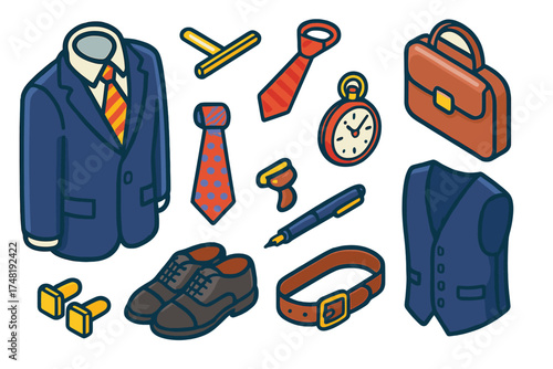 Executive Style Icons. Isometric vector illustration set Executive Style: tailored suit, striped tie, white shirt, oxford shoes,
