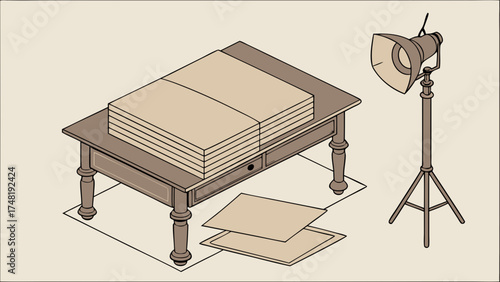 An illustrated studio scene with lighting equipment.