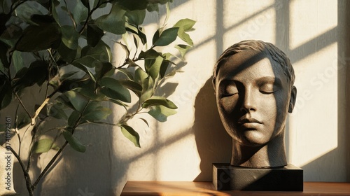 Sculpture of a woman with closed eyes and a plant