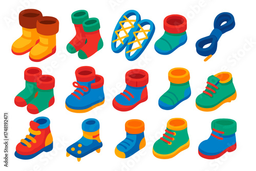 Vibrant Winter Footwear Collection. Isometric vector illustration set Winter Footwear: fur boots, wool socks, snow shoes, thick
