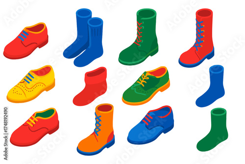 Classic Footwear Icons. Isometric vector illustration set Classic Footwear: dress shoes, long socks, formal boots, polished laces,