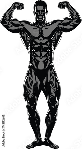 Illustration of a muscular man flexing his biceps isolated on white background strong bodybuilder demonstrating his muscles and posing