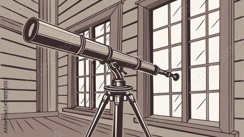 Astronomical Illustration A Detailed Telescope Focused on the Windows.