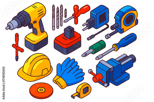 Workshop Power Gear Icons. Isometric vector illustration set Workshop Power Gear: heavy drill, assorted drill bits, cross