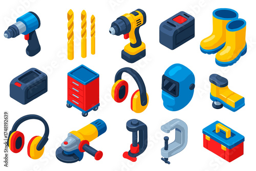 Industrial Tools Icons. Isometric vector illustration set Industrial Power Gear: pneumatic drill, titanium drill bits, electric