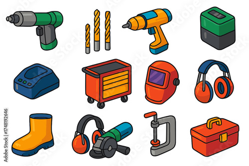 Industrial Tools Icons. Isometric vector illustration set Industrial Power Gear: pneumatic drill, titanium drill bits, electric