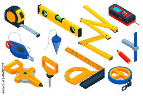 Construction Tool Icons. Isometric vector illustration set Construction Measuring Kit: retractable tape, carpenter’s level, steel