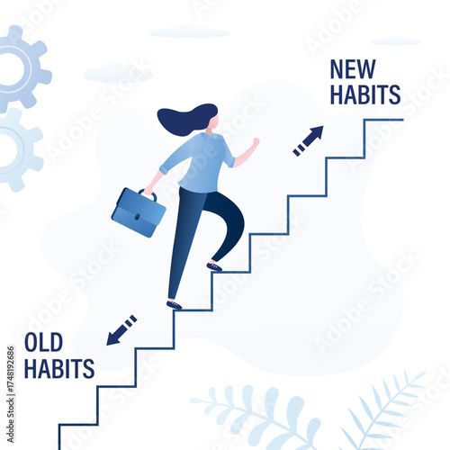 New habits for businesswoman. Smart woman climbing staircase up and looking for new way. Successful businesswoman with briefcase. Choose a new direction, make choice concept.