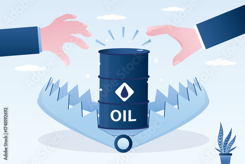 Businessmen hands reaches for oil barrel in animal trap, risk from investment in oil industry. uncertainty in the commodity market, trader risks falling in trap and getting trouble.