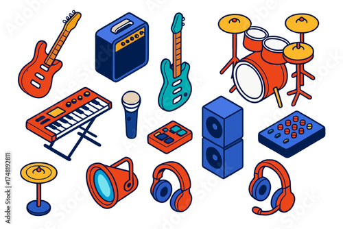 Rock Band Gear Icons. Isometric vector illustration set Rock Band Gear: electric guitar, amplifier, bass guitar, drum kit,