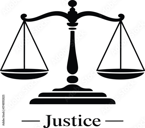 Black silhouette of the scales of justice with the word justice silhouette