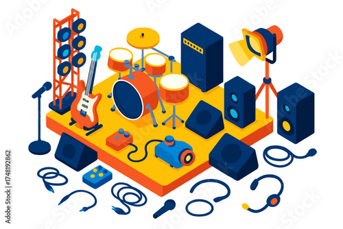Rock Band Stage Icons. Isometric vector illustration set Rock Band Stage: mic on stand, electric guitar, drum kit, bass amp, stage