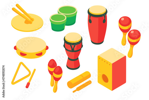 Percussion Instrument Icons. Isometric vector illustration set Percussion Essentials: drum sticks, crash cymbal, bongo drums,