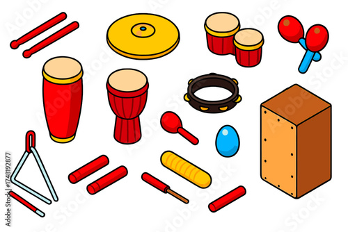 Percussion Instrument Icons. Isometric vector illustration set Percussion Essentials: drum sticks, crash cymbal, bongo drums,