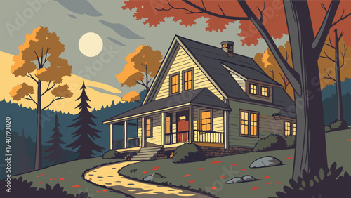 Autumnal Scene with a House in Nature.