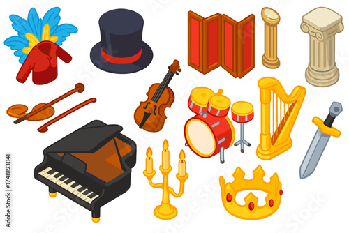 Vibrant Stage Props. Isometric vector illustration set Stage Props: feathered costume, magician hat, folding screen, decorative