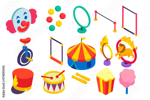 Colorful Circus Icons. Isometric vector illustration set Circus Theater: clown mask, juggling balls, acrobat hoop, tightrope,
