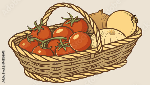 Basket of Fresh Tomatoes and Onions.