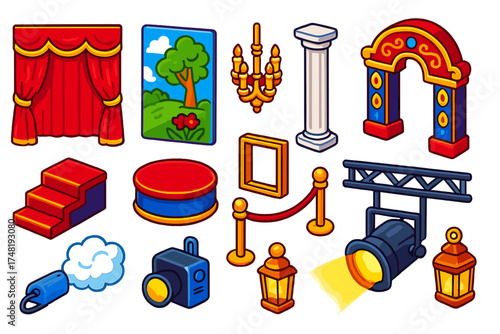 Vibrant Stage Elements. Isometric vector illustration set Stage Scenery: velvet curtain, painted backdrop, column prop, decorative