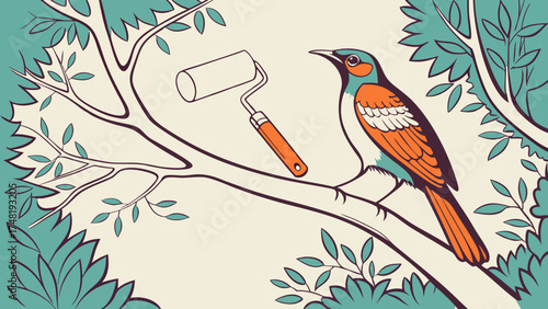 Bird and Paint Roller Illustration.