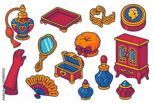 Vintage Perfume Icons. Isometric vector illustration set Vintage Perfume Style: ornate glass bottle, tassel atomizer, porcelain