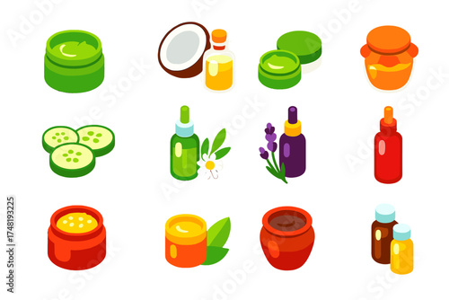 Colorful Skincare Icons. Isometric vector illustration set Natural Skincare: aloe vera gel, coconut oil, green tea mask, honey jar