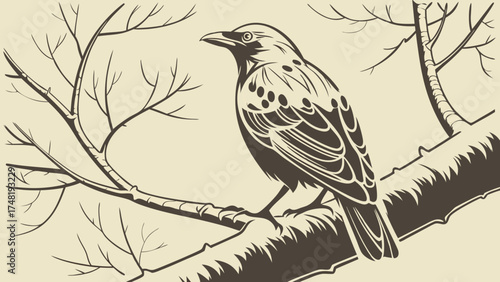 Bird perched on a tree branch vector illustration.