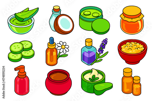 Colorful Skincare Icons. Isometric vector illustration set Natural Skincare: aloe vera gel, coconut oil, green tea mask, honey jar