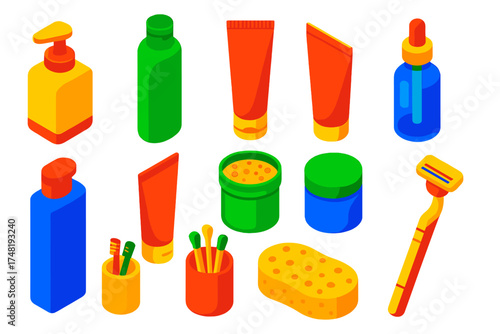 Bathroom Skincare Essentials. Isometric vector illustration set Bathroom Skincare Shelf: pump soap, face cleanser, cream jar,