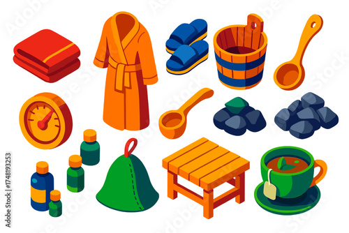 Sauna Wellness Icons. Isometric vector illustration set Sauna and Wellness: sauna towel, linen robe, wooden slippers, sauna bucket