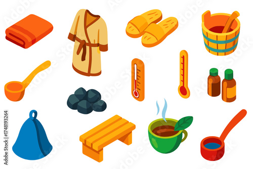 Sauna Wellness Icons. Isometric vector illustration set Sauna and Wellness: sauna towel, linen robe, wooden slippers, sauna bucket