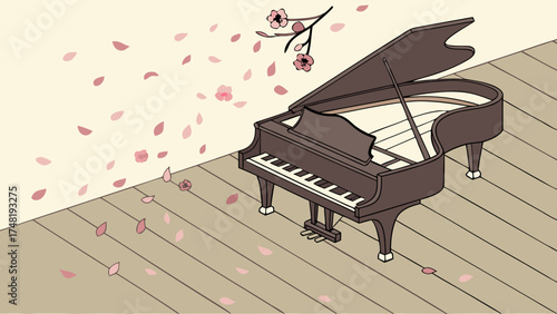 Blooming Piano Scene Illustration of a Grand Piano with Petals and a Branch Vector Art.
