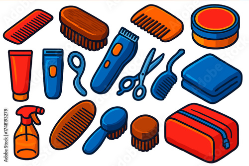 Men's Grooming Essentials. Isometric vector illustration set Men’s Grooming Hair: barber comb, military brush, beard comb, styling