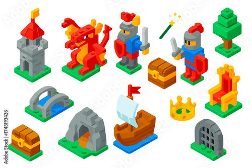 Fantasy Brick World. Isometric vector illustration set Fantasy Brick World: castle tower, dragon build, knight figure, treasure