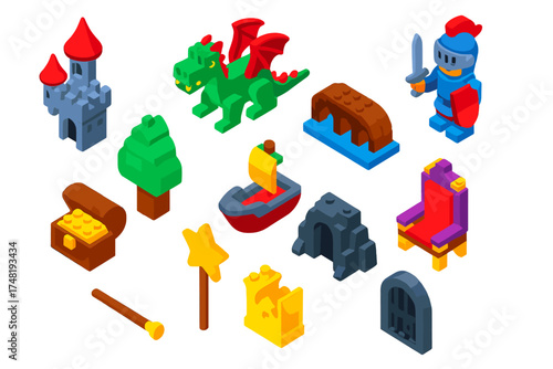 Fantasy Brick World. Isometric vector illustration set Fantasy Brick World: castle tower, dragon build, knight figure, treasure