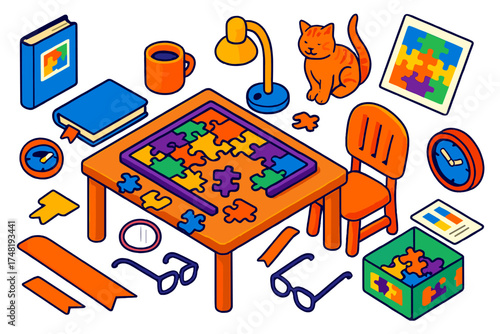 Cozy Puzzle Evening. Isometric vector illustration set Puzzle Playtime: family table, puzzle board, cup of tea, reading lamp,