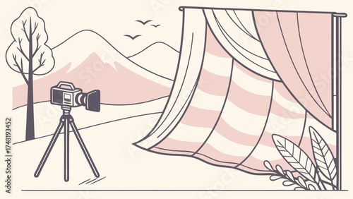 Camera and Landscape Studio Concept in Minimalist Illustration.