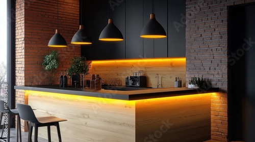 Modern kitchen interior with island and pendant lights