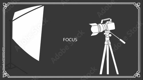 Camera and Lighting Equipment Icon on Black Background.