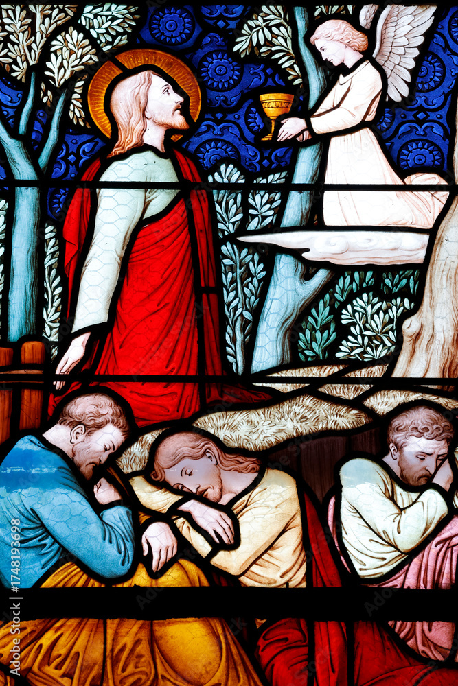 Obraz premium Saint Seine church. Stained glass. Jesus praying in the garden of Gethsemane after the Last Supper, while the disciples sleep. Corbigny. France.