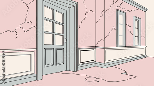 Cartoon Illustration of an Abandoned Room with Cracks.