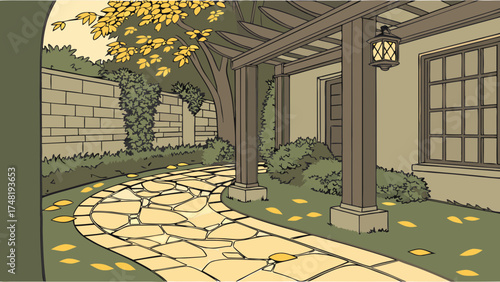 Cartoon illustration of a winding stone pathway through a garden in autumn.