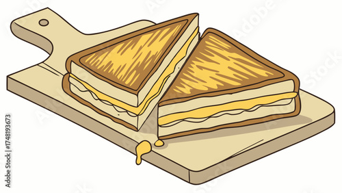 Cartoon Illustration of Grilled Cheese Sandwich on a Wooden Board.
