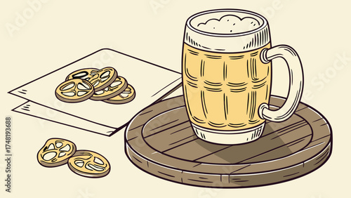 Cartoon Illustration of Beer Mug with Appetizers.