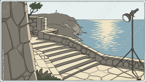 Coastal Scene with Steps and Lamp Illustration.