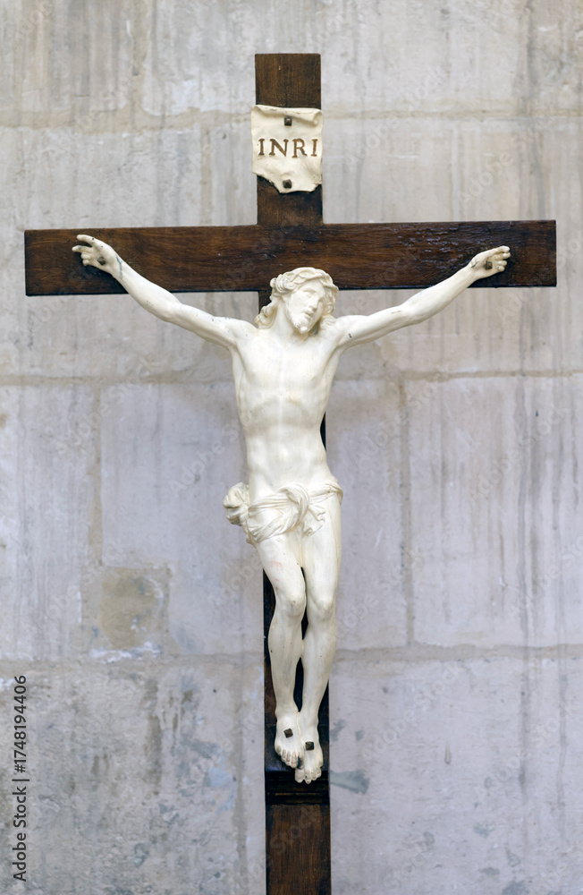 Obraz premium Saint Seine church. Passion of Christ. The crucifixion. Jesus on the cross. Corbigny. France.