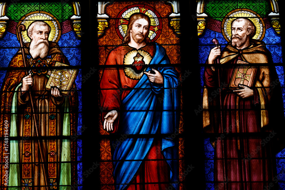 Fototapeta premium Saint Seine church. Stained glass. Saint Seine, Jesus Christ dans Saint Leonard. Corbigny. France.
