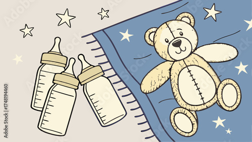 Cute Baby Teddy Bear with Bottles and Stars Nursery Theme Illustration.