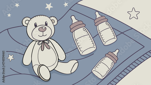 Cute cartoon image of baby items with teddy bear and bottles.