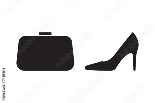 Black silhouette of a clutch purse and high heel shoe